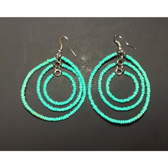 Handmade Jewelry - Handmade Turquoise Seed Bead Hoop Earrings with Silver Tone Findings Blue